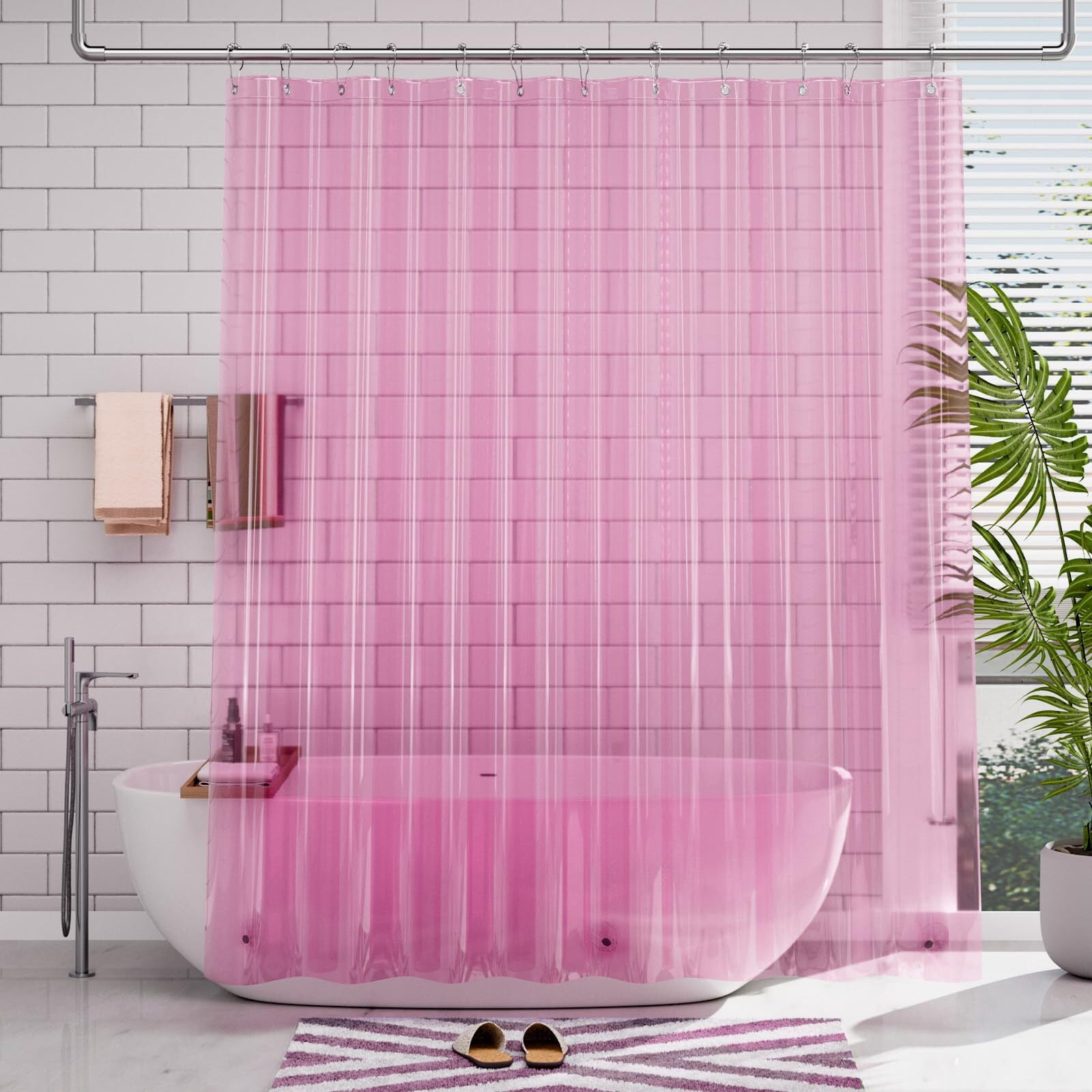 AmazerBath Shower Curtain Liner, 72x72 Clear Hot Pink Shower Curtain Liner, Lightweight Plastic Shower Curtain Liner, Cute Waterproof Shower Liner for Bathroom with 3 Magnets & 12 Grommet Holes