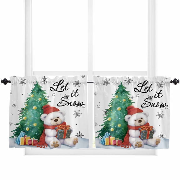 Christmas Kitchen Curtain 2 Panels Tiers Curtains 36 Inch Length, Xmas Tree Bear Snowflake Watercolor Curtains Rod Pocket Curtains Window Drapes Treatment Window Cafe Curtains