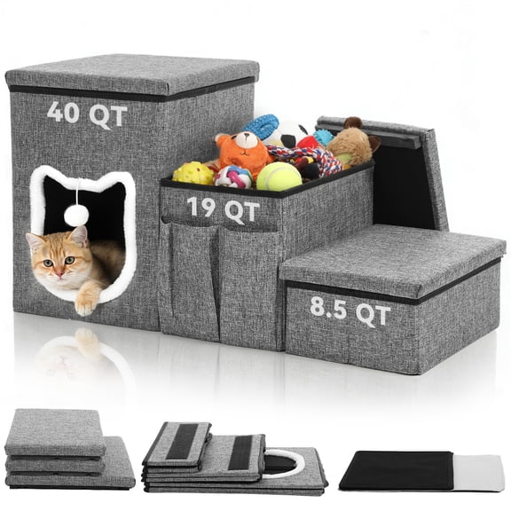 DOMIPET Dog Stairs for Small Dogs, 3 Tiers Dog Step with Storage, Foldable Cat Ramp with Condo Cat Scratcher, Portable Pet Ladder for High Bed Couch Chair Car for Older Pets
