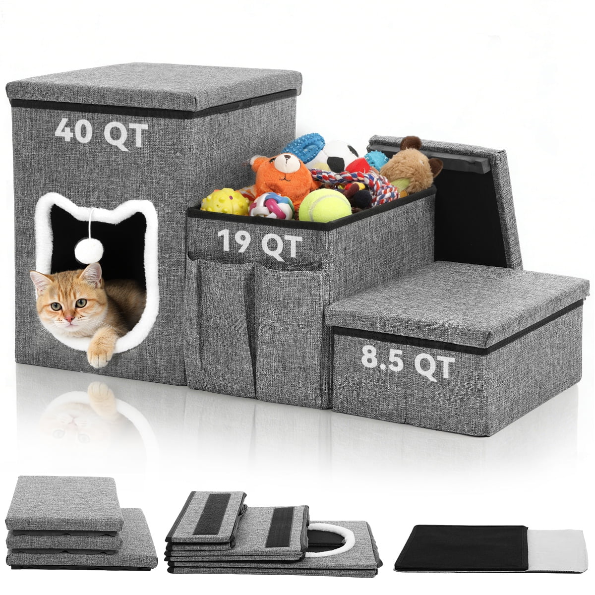 DOMIPET Dog Stairs for Small Dogs, 3 Tiers Dog Step with Storage, Foldable Cat Ramp with Condo Cat Scratcher, Portable Pet Ladder for High Bed Couch Chair Car for Older Pets