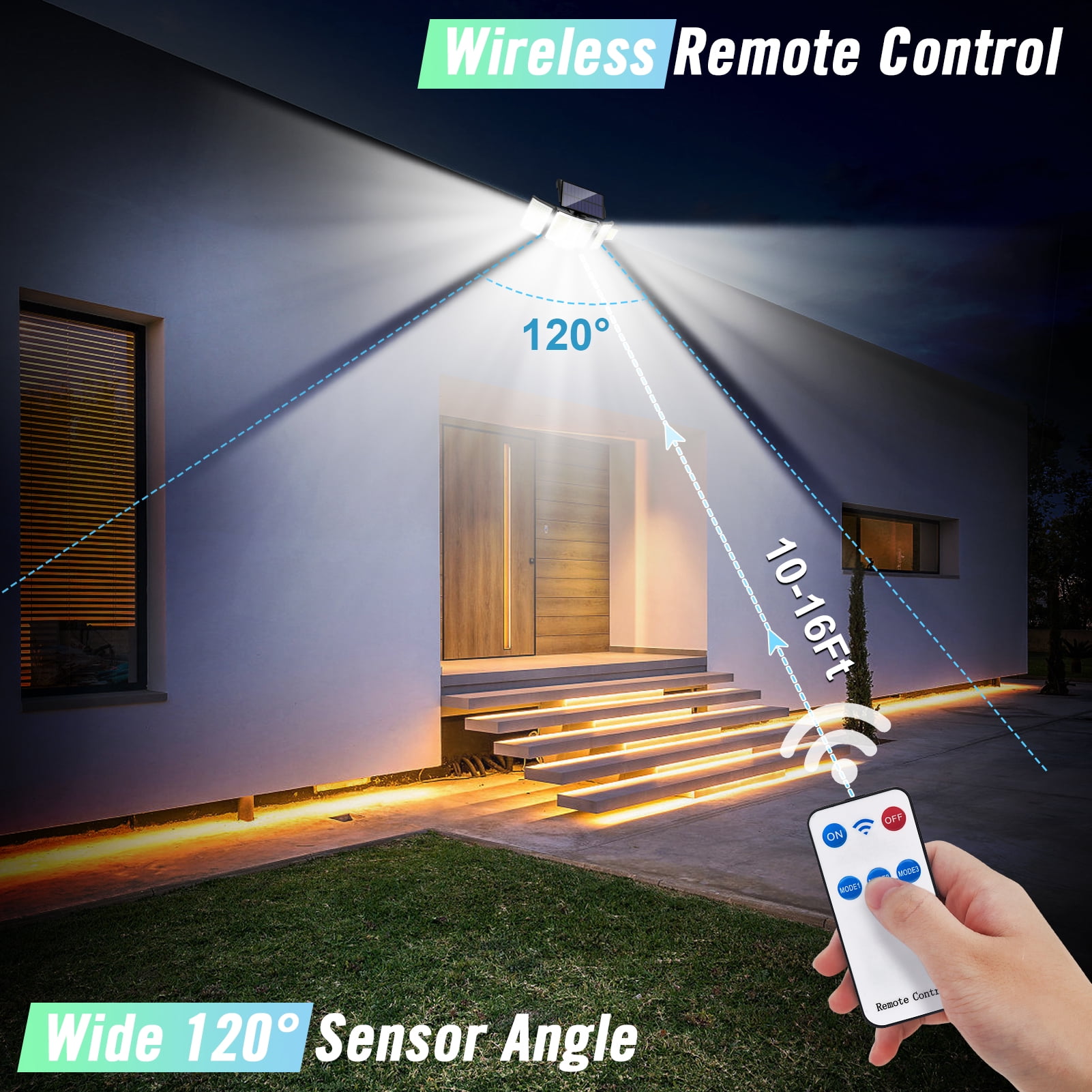Solar Outdoor Lights, 3 Heads Motion Sensor Lights, 348 LED Security Lights with Remote Control, 270° Wide Angle Flood Wall Lights with 3 Modes
