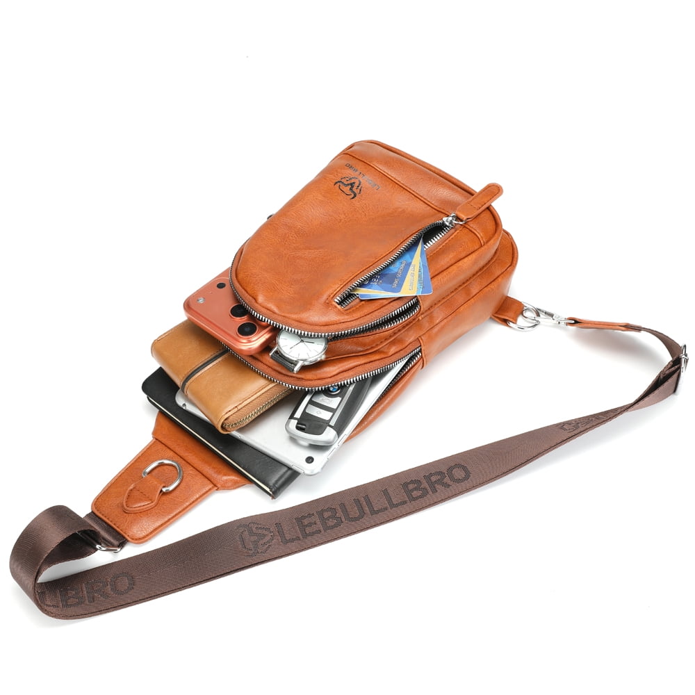 LEBULLBRO Sling Bag for Men Soft Leather Chest Bag Crossbody Backpack Travel Hiking Outdoor Sports Light Brown