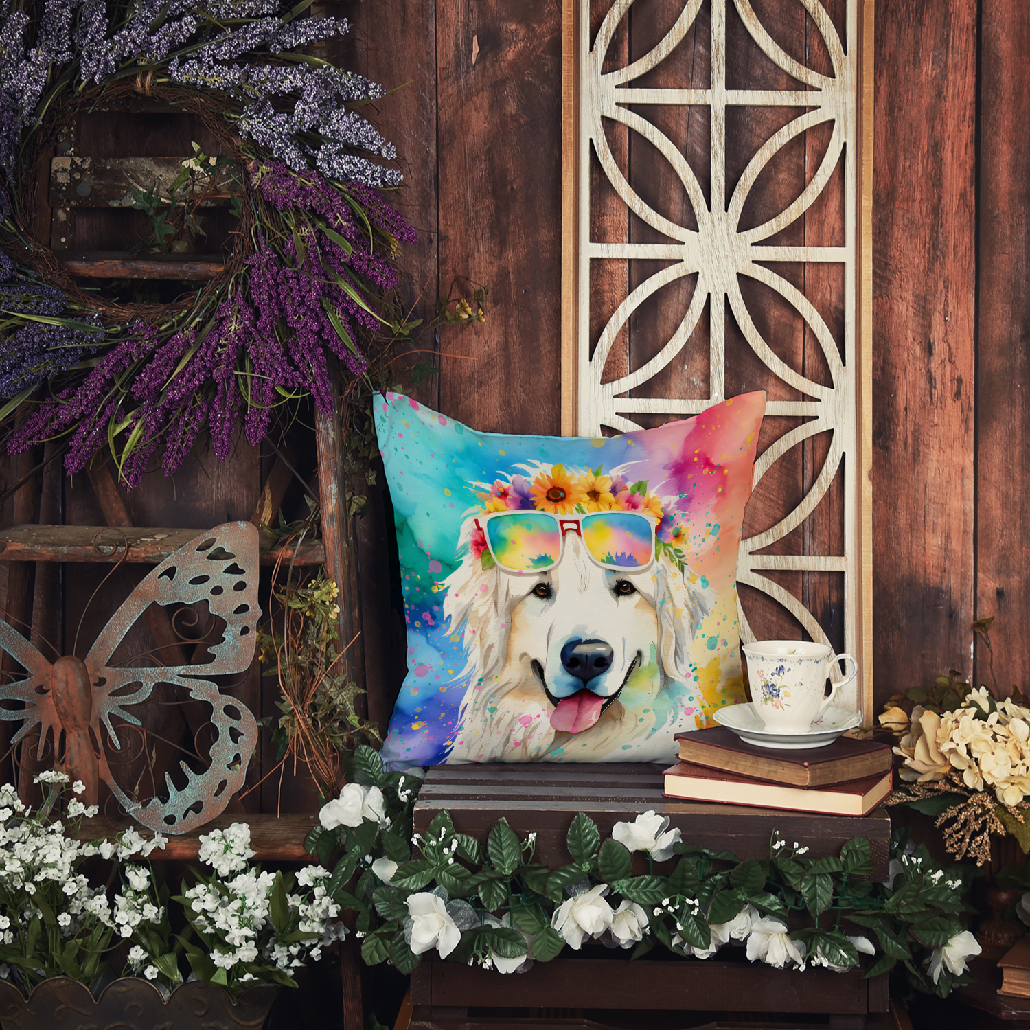Great Pyrenees Hippie Dawg Fabric Decorative Pillow 14 in x 14 in