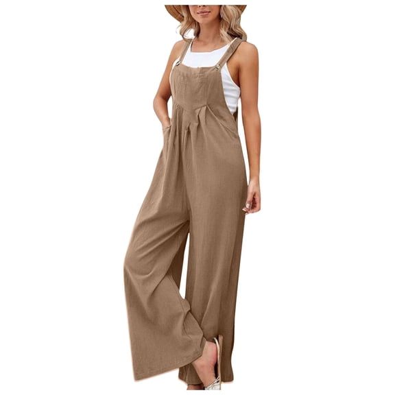 OSOLU Women Casual Pocket Romper Strap Solid Color Playsuit Button Long Jumpsuit Cozy Dailywear