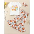 thumbnail image 3 of Musuos Kids Baby Girl Summer Outfits, Short Sleeve Letter Floral Print Tops + Flare Pants + Headband Set, 1-6 Years, 3 of 10