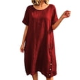 thumbnail image 2 of NTACZA Casual Dresses for Women Side Button Cotton Lien Shift Round Neck Short Sleeve Midi Casual Solid with Pockets Loose Vacation Beach Red L, 2 of 6