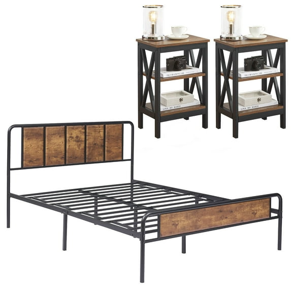 VECELO 3 Piece Bedroom Set, Wood Platform Bed Frame and 2 Nightstands, Full Size