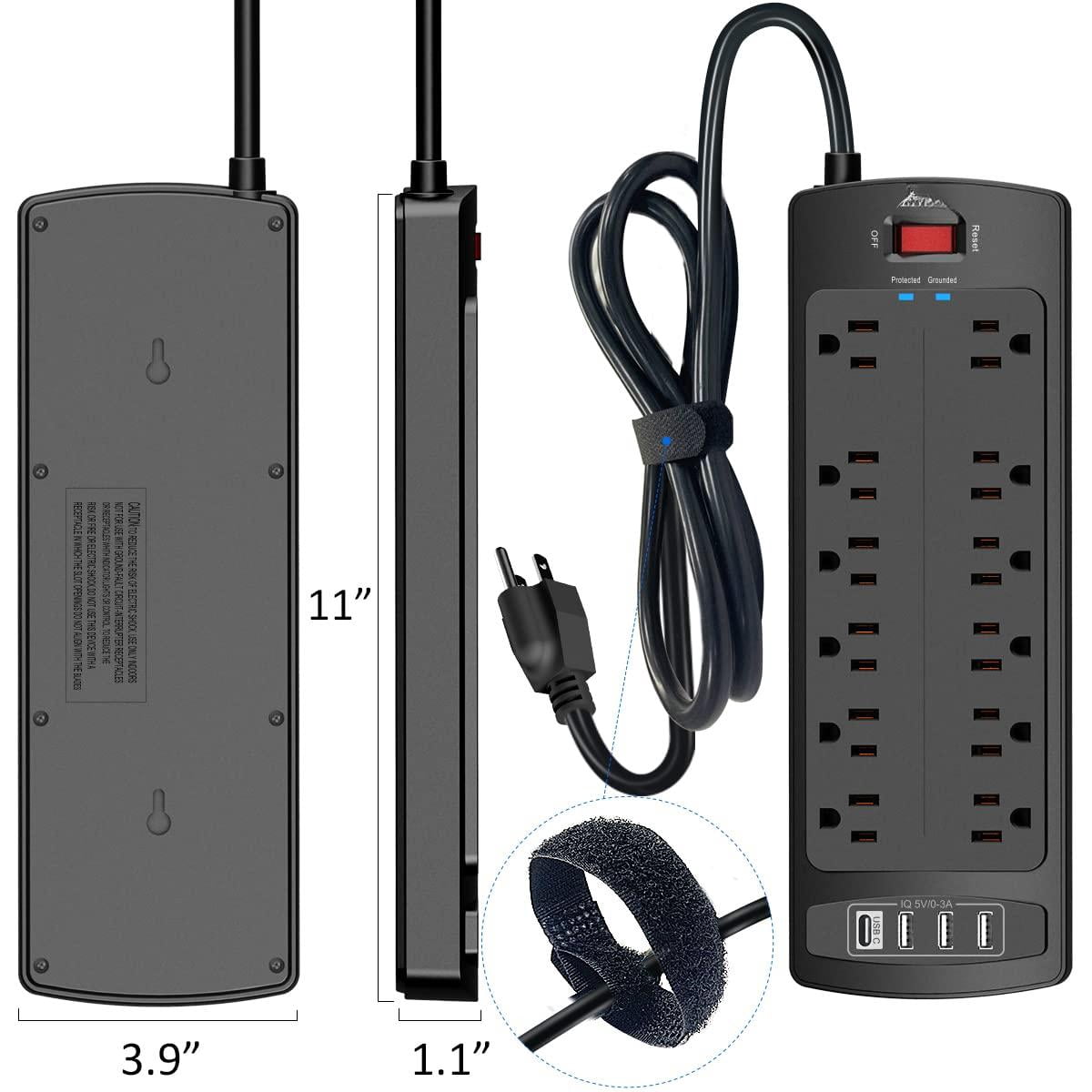 Power Strip  Surge Protector With 12 Outlets And 4 Usb Ports 6 Feet Extension Cord (1875w/15a) 2700 Joules Etl Listed Black