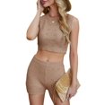 thumbnail image 3 of Womens 2 Piece Outfits Summer Knit Crop Tank Tops Beach Shorts Set Vacation Travel Resort Loungewear Dark Khaki S, 3 of 8