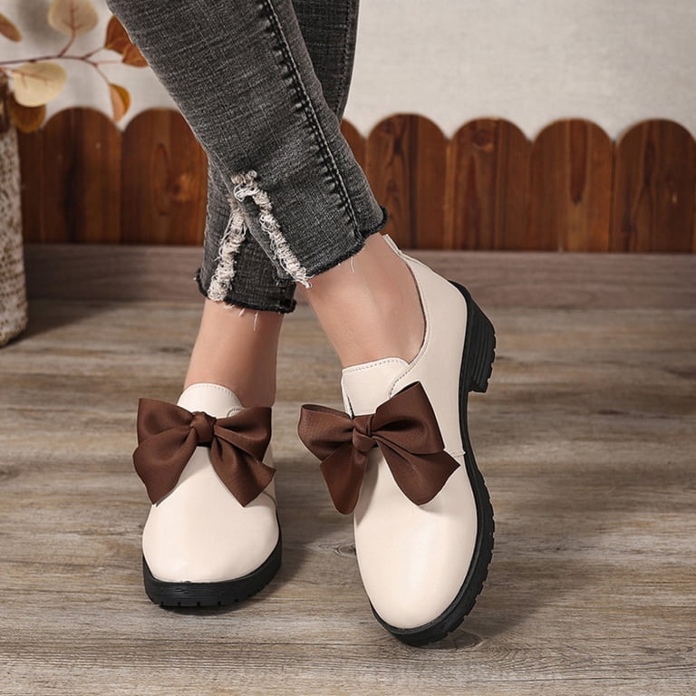 ladies beige dress shoes Y-465 Black Womens Mary Jane Pumps Leather Low Heel Solid Round Toe Bowknot Casual Comfortable Office Work Walking birthday banquets and special