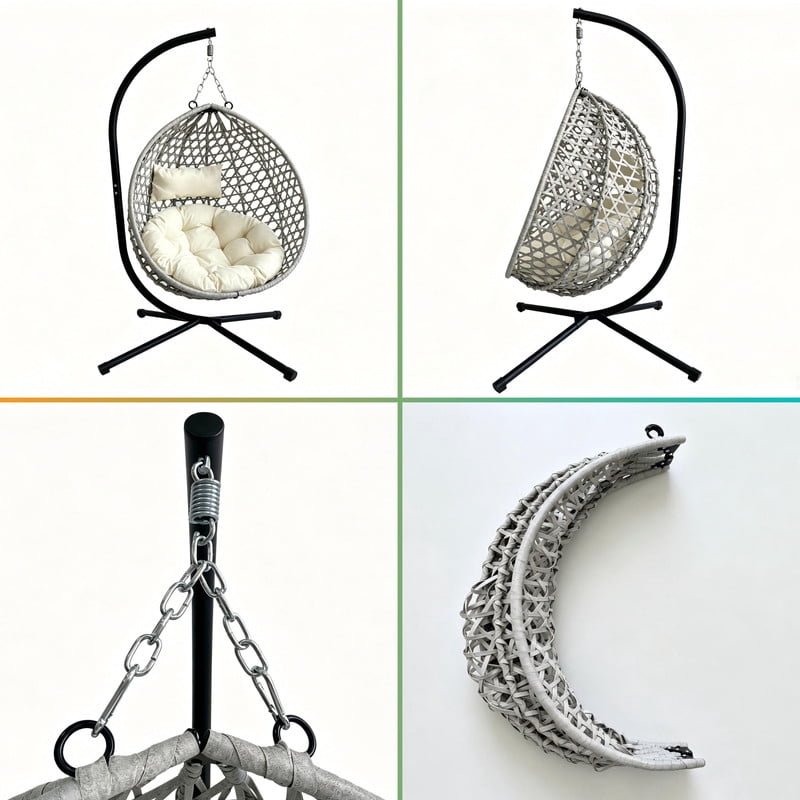 350lbs Capacity Foldable Hanging Chair with Stand, HDPE Rattan Accent Swing Egg Chair with Cushions for Indoor/Outdoor
