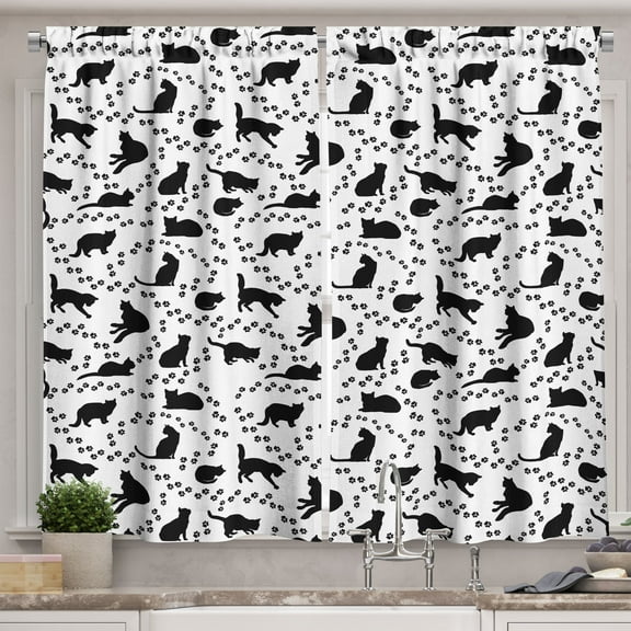 Ambesonne Cat Kitchen Curtains, Kittens Footprints Paws, 55"x39", Black and White