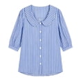 thumbnail image 4 of Women's Striped Shirt with Pan Collar, 3/4 Puff Sleeve Button Down Casual Blouse, 4 of 8