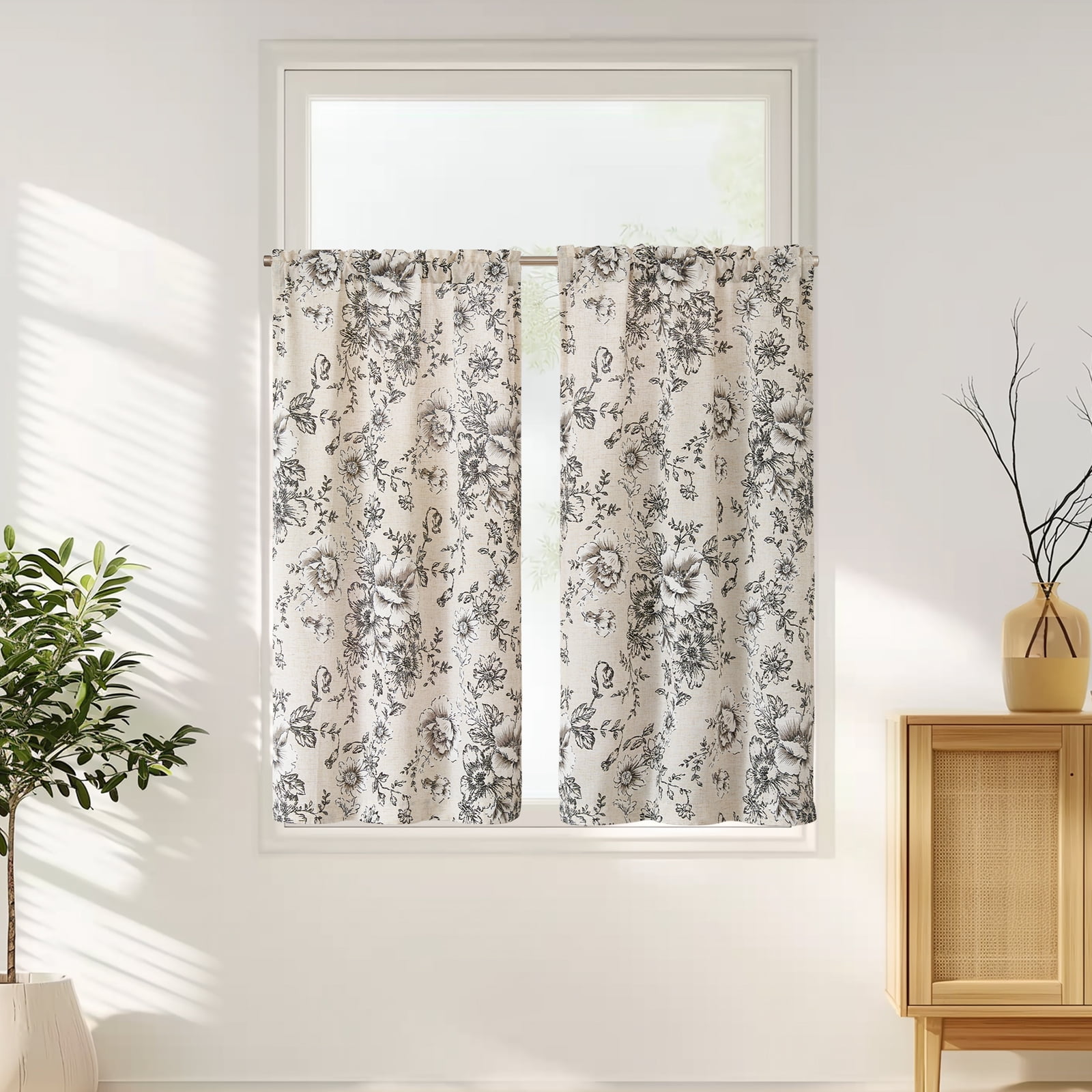 Curtainking Linen Kitchen Curtains Floral Cafe Curtains 26x45 inch Farmhouse Cafe Curtains for Living Room 2 Panels Black