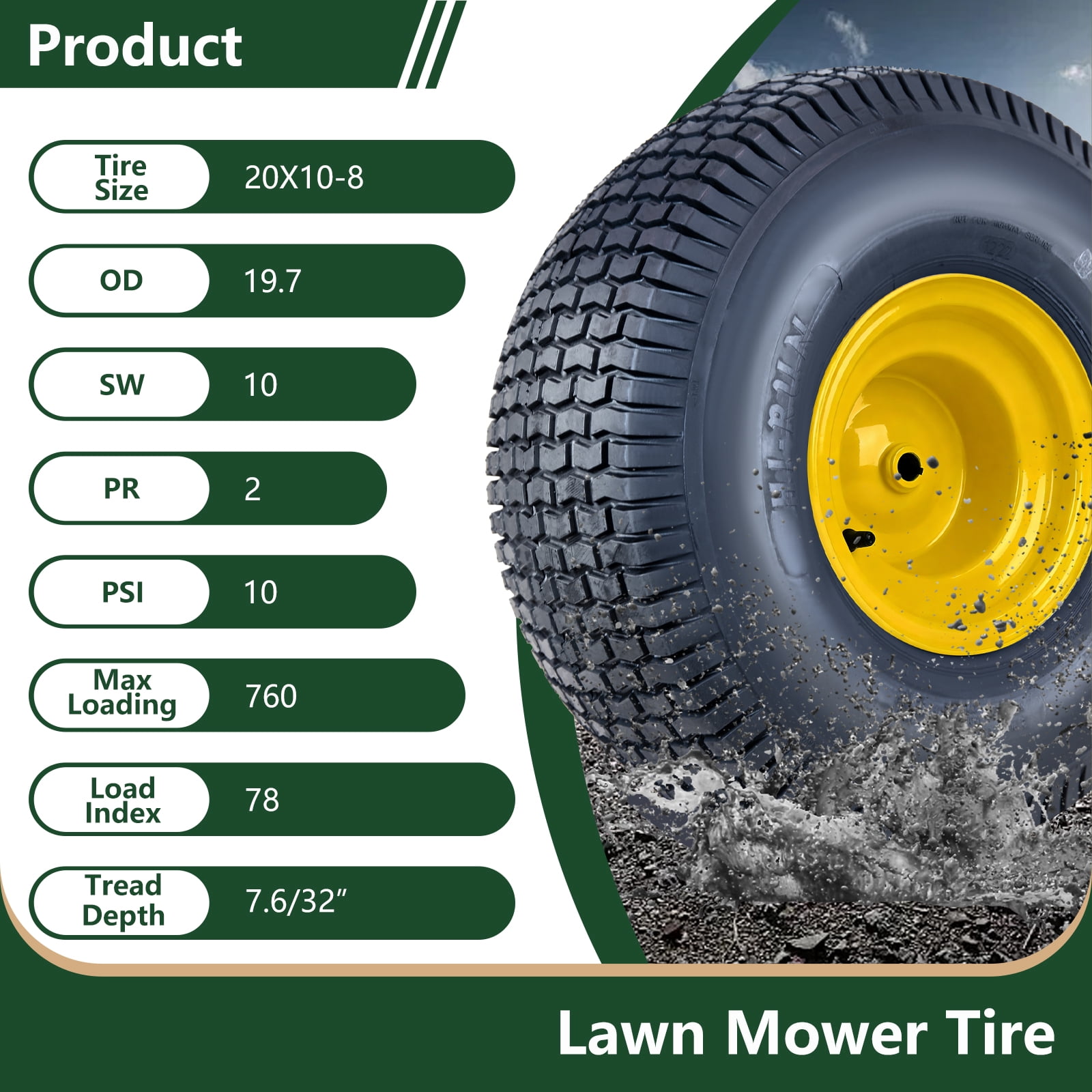 Hi-Run 2 Set SU12 20X10.00-8 2PR Light Duty Lawn and Garden Tires & Wheel Assembly 3/16" Keyway, 3.5" Offset Hub, 3/4" Borehole