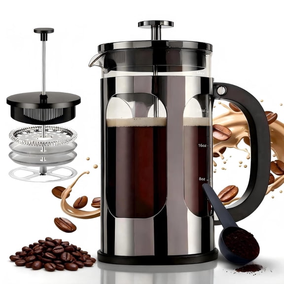 ZHIJYBO Double Wall French Press Coffee Maker, 34oz Insulated Coffee Press with 2 Extra Screens Thicken Borosilicate Glass & 304 Stainless Steel for Travel & Home Use, Gifts for Valentine's Day
