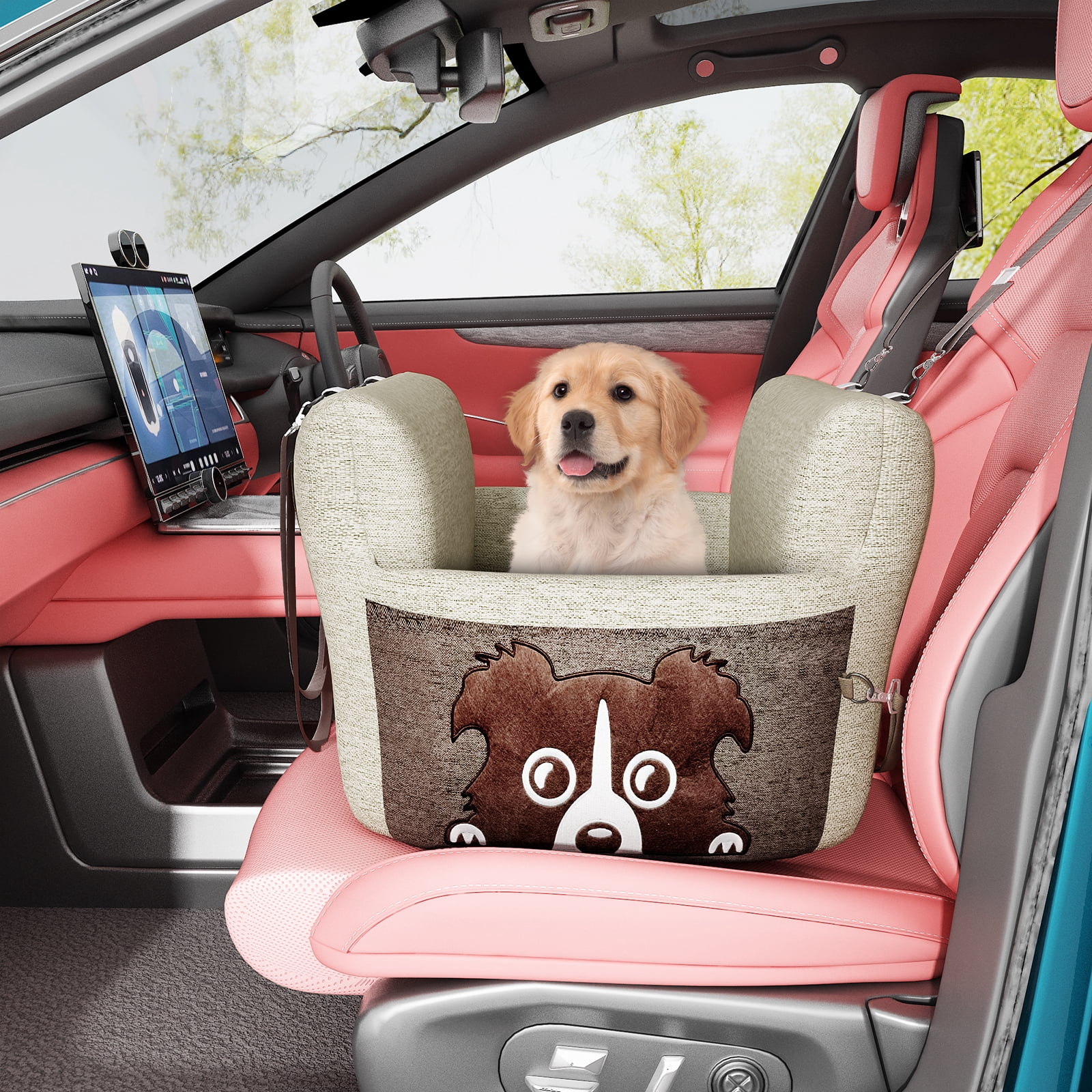 Baxluxe Pet Booster Seat for Car, Secure Travel Carrier Dog Car Seat with Safe Buckle, Portable Dog Bed Carrier Bag with Foam Filling, Thickened Dog Car Seat for Puppy, 21"Lx21"Wx17"H, Beige