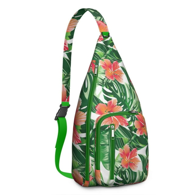 Boho Tropical Sling Backpack – Botanical Jungle Leaves & Monstera Print, Fashionable Multi-Functional Daypack