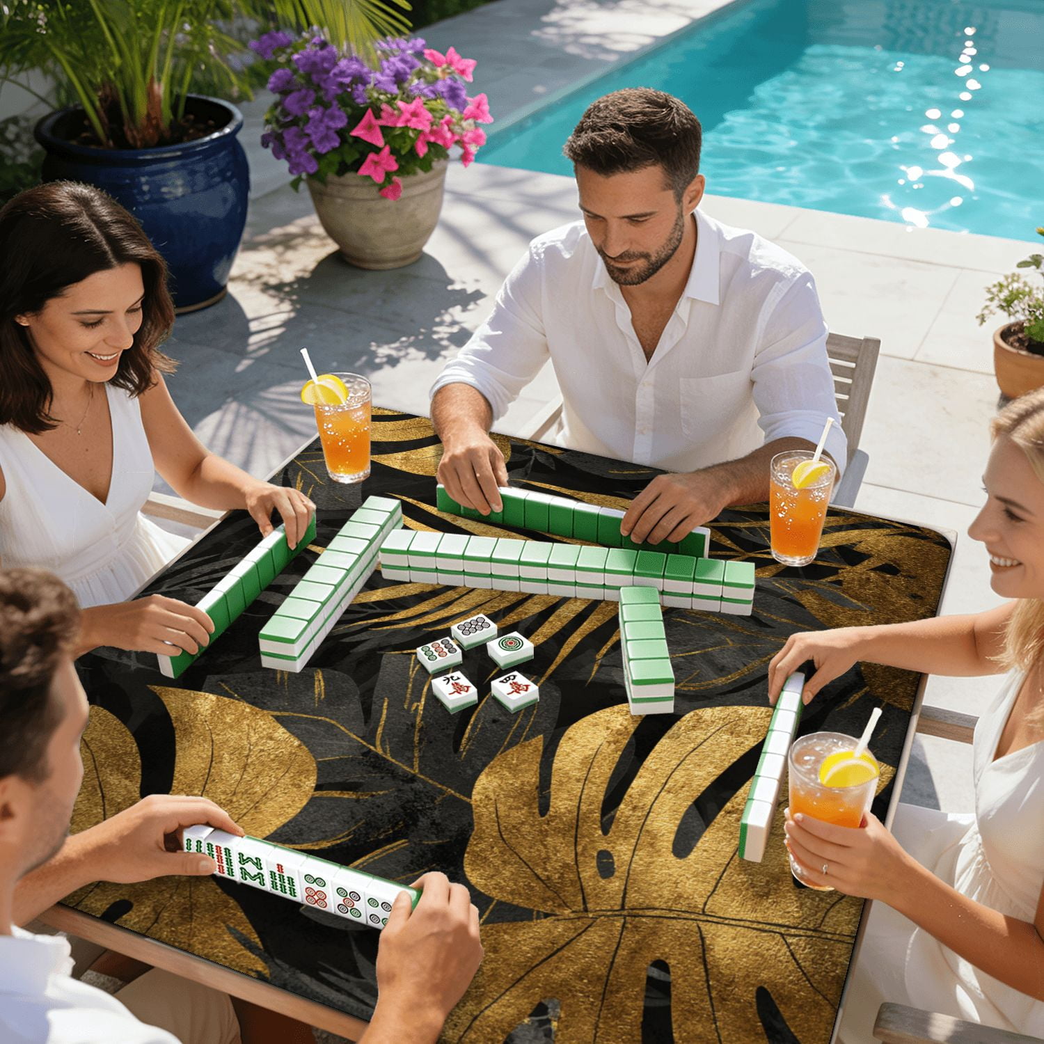 Mahjong Mat 31.5" x 31.5" seamless gold black tropical leaves dark Non-Slip Noise Reduction American Mahjong Tiles Table Cover for Dominoes Poker Card Board Games Gift
