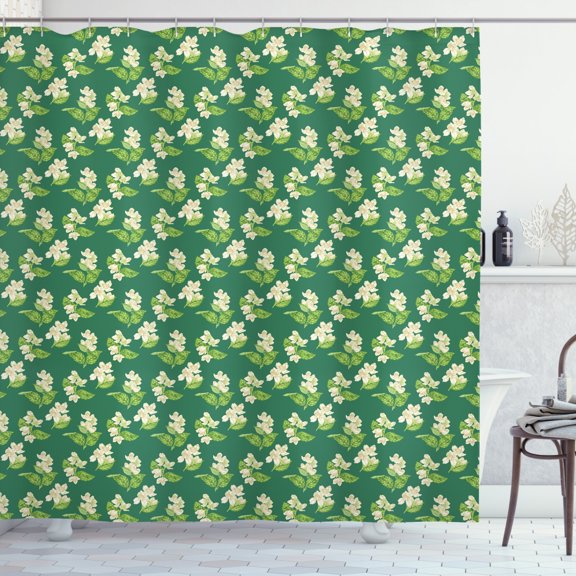 Jasmine Shower Curtain, Cartoonish Style Eggshell Flowers with Leaves Nature Art Spring, Fabric Bathroom Set with Hooks, 69W X 84L Inches Extra Long, Jade Green and Multicolor, by Ambesonne