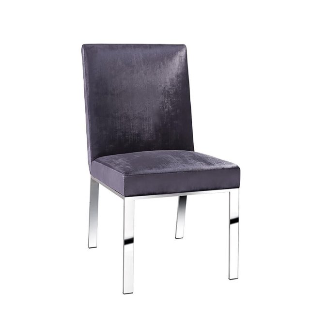 Upholstered Dining Chair with Laser Cut Patterned Polished Stainless Steel Back