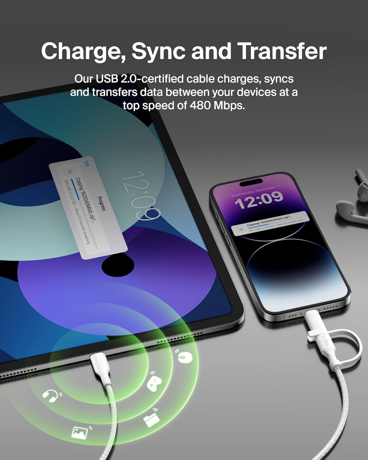 Belkin BoostCharge 2-in-1 USB-C Charging Cable w/USB-C & Lightning Connector - Braided Fast-Charging Cable, Multi-Charging Combo Cord for Apple iPhone, iPad, Samsung, MacBook, & More - White