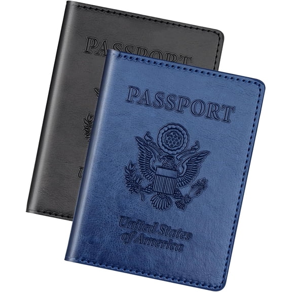 Black & Dark Blue Passport Holder for Travel, Passport Cover Wallet Case 2 Pack Women Men Family Cruise Ship Essentials, Passports Book Holders Travel Vacation Must Haves