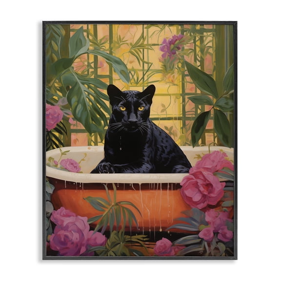 Stupell Industries Lush Tropics Panther Bath Animals Painting Black Framed Art Print Wall Art, 11 x 14