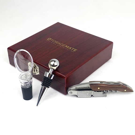 Mahagany Wooden Wine Opener Gift Set - Corkscrew Wine Bottle Opener, Foil Cutter, Aerator Pourer Included - Anniversary Gift for Wine Lovers