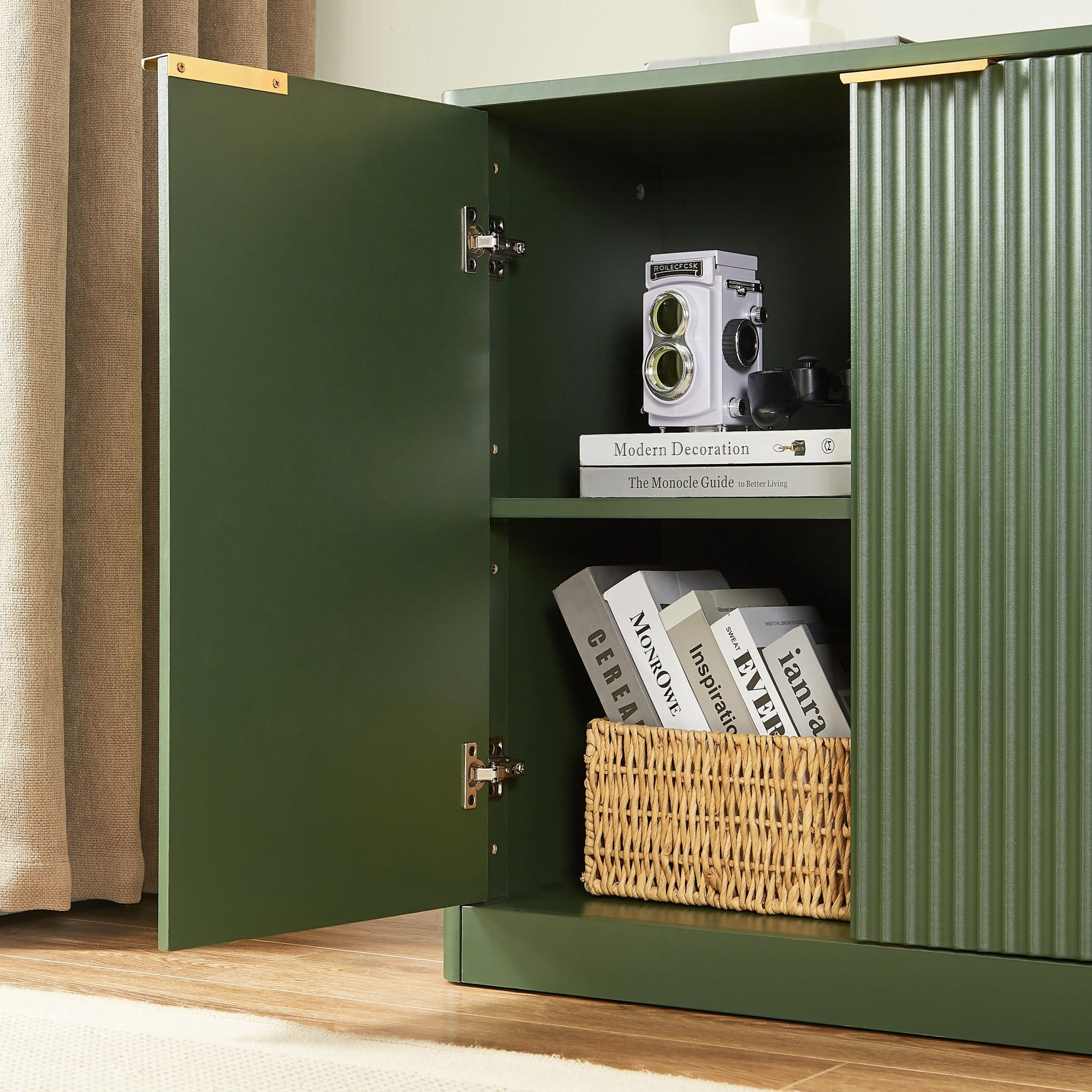 59" Modern Wavy Sideboard Cabinet, Curved 4-Door Storage Cabinet, TV Stand Buffet Cabinet for Living Room Bedroom Kitchen, Green