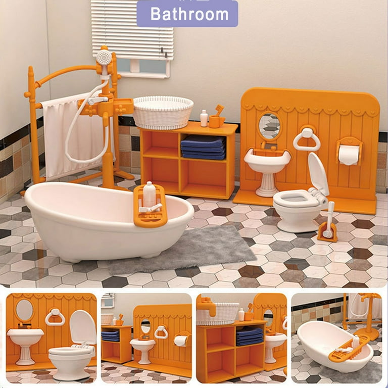 Dollhouse Bathroom 4 Piece Set, Tub Sink Toilet & Mirrow, Miniature Dolls  House Accessories, White 1/12 Scale