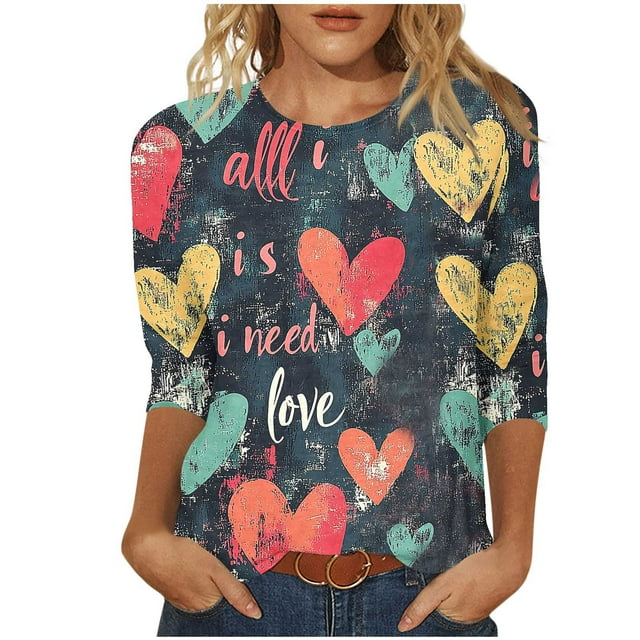FMFYFH Hauts pour Femmes de la Saint-Valentin à Manches 3/4, Blouses à Col Rond Grande Taille, T-Shirts d'Été Habillés et Décontractés, Coupe Ample, Vêtements de Travail de Bureau