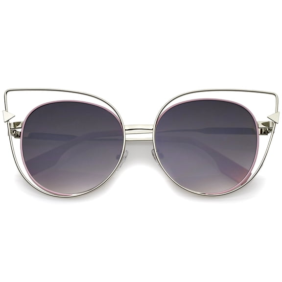 sunglassLA Female Oversize Metal Cutout Frame Arrow Accent Flat Lens Cat Eye Sunglasses 57mm (Silver-Pink / Lavender) - 57mm