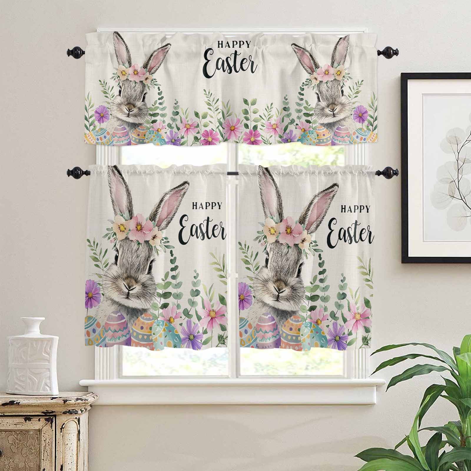 Happy Easter Kitchen Curtains Valances and Tiers Set of 3 Cute Spring Bunny Linen Texture Tier Curtains and Valance for Kitchen Bathroom Small Windows 27.5"W x 36"L (Pack of 3)