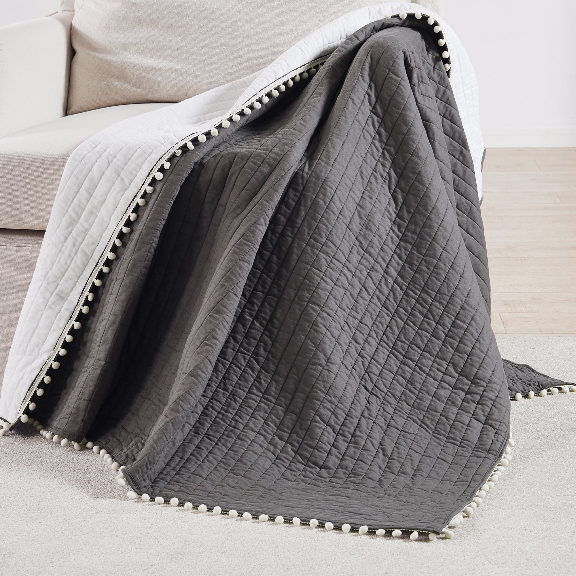Levtex Home - Pom Pom Slate - Throw - Slate with Decorative White Pom Pom Edge - Quilt (50x60in.) and Sham 50x60in. - Cotton/Cotton