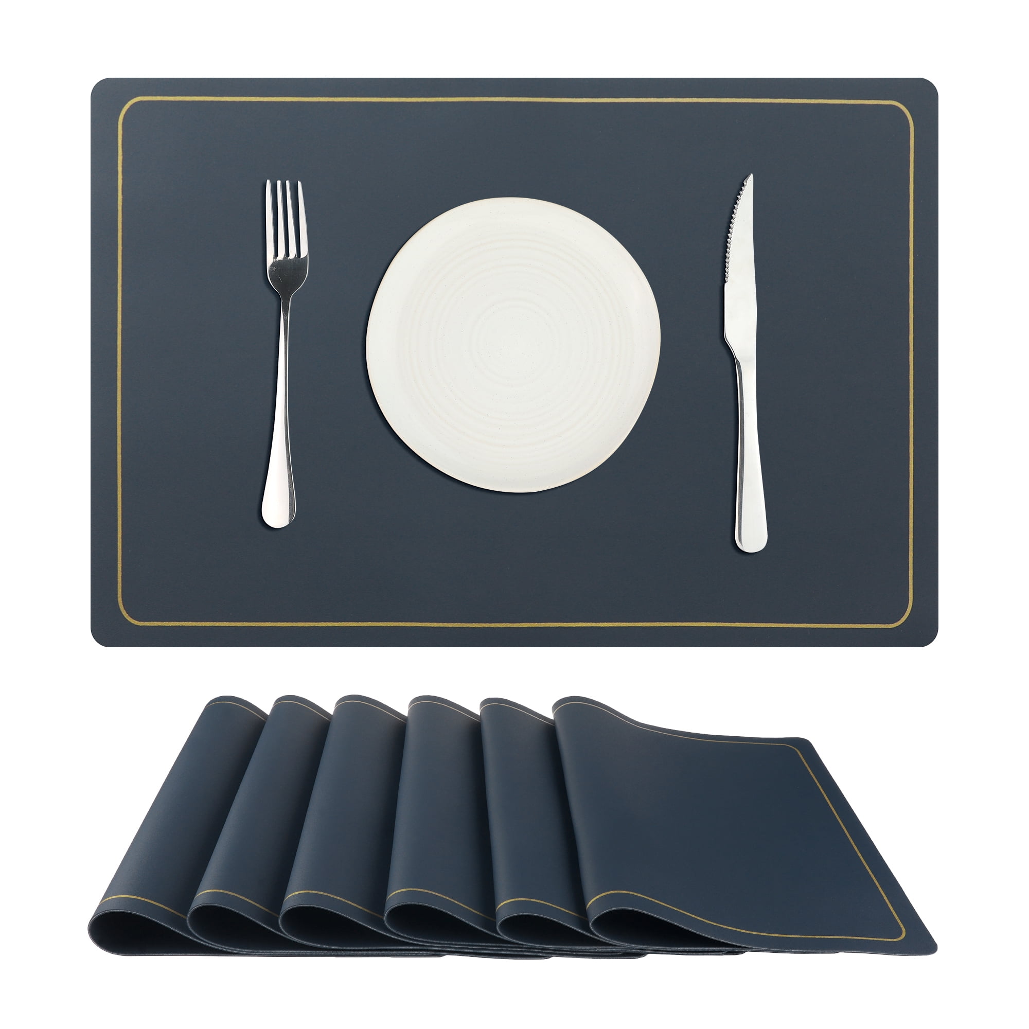 Unique Bargains Set of 6 Heat Resistant Faux Leather Placemats for Kitchen Dining Room Dark Blue