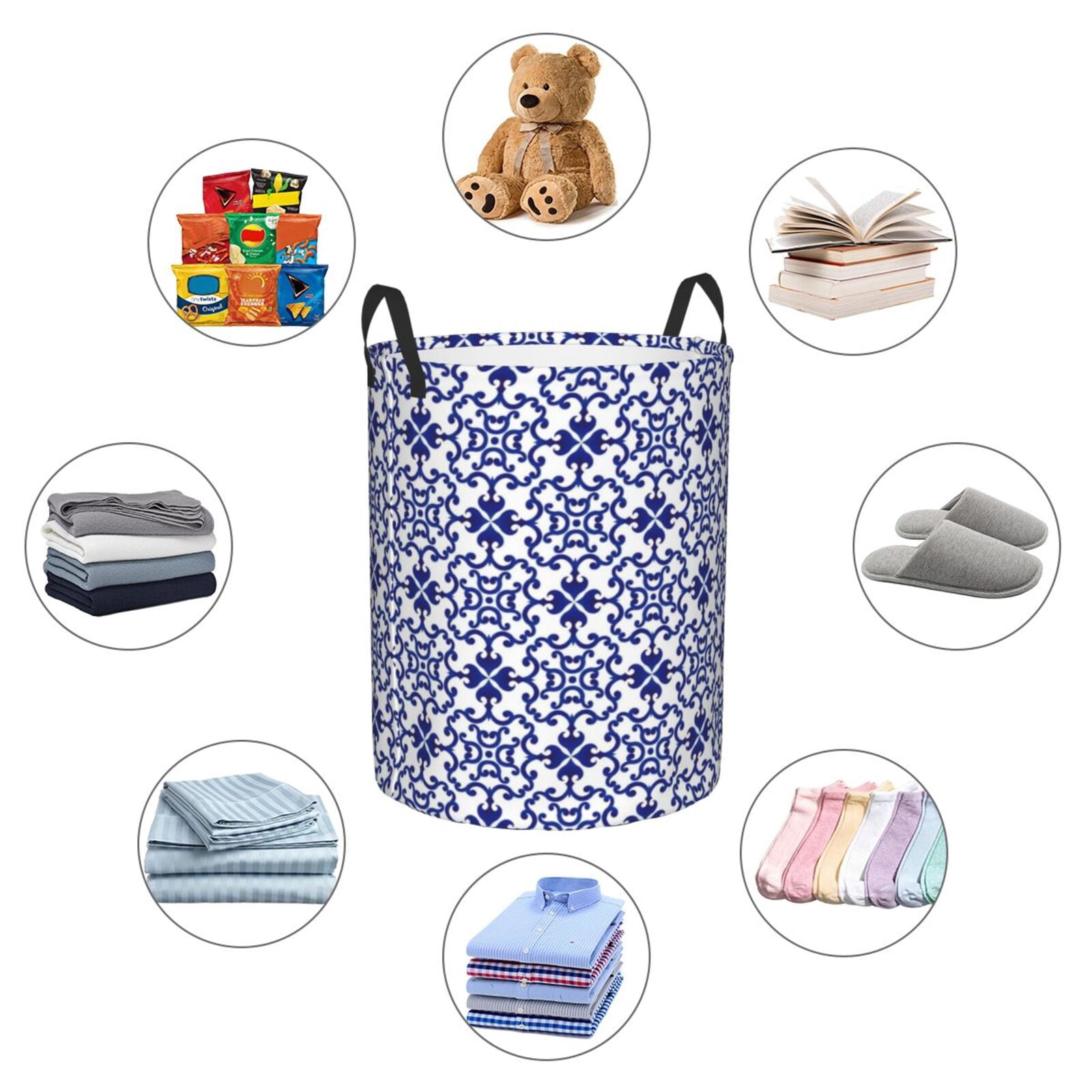 Rateoe Porcelain Chinaware Pattern Round Laundry Hamper Basket, Tall Hamper Basket for Blanket Storage, Nursery Clothes Hamper for Laundry in Bedroom and College Dorm-