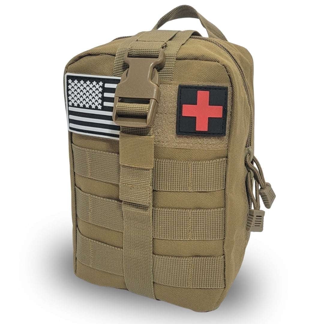 Emblem OD 242 Piece Survival First Aid Kit with Tourniquet | MOLLE Pouch with Paracord | Camping Hunting Hiking and Emergency Preparation | Survival Gear | Car First Aid Kit | Tan