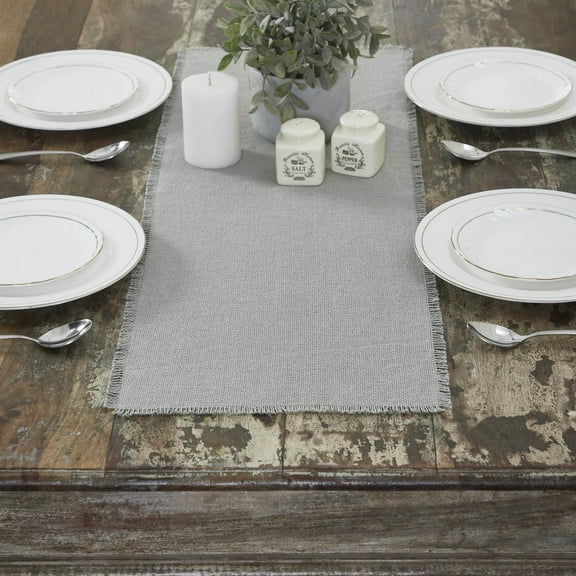 VHC Brands Burlap Dove Grey Runner Fringed 12x36