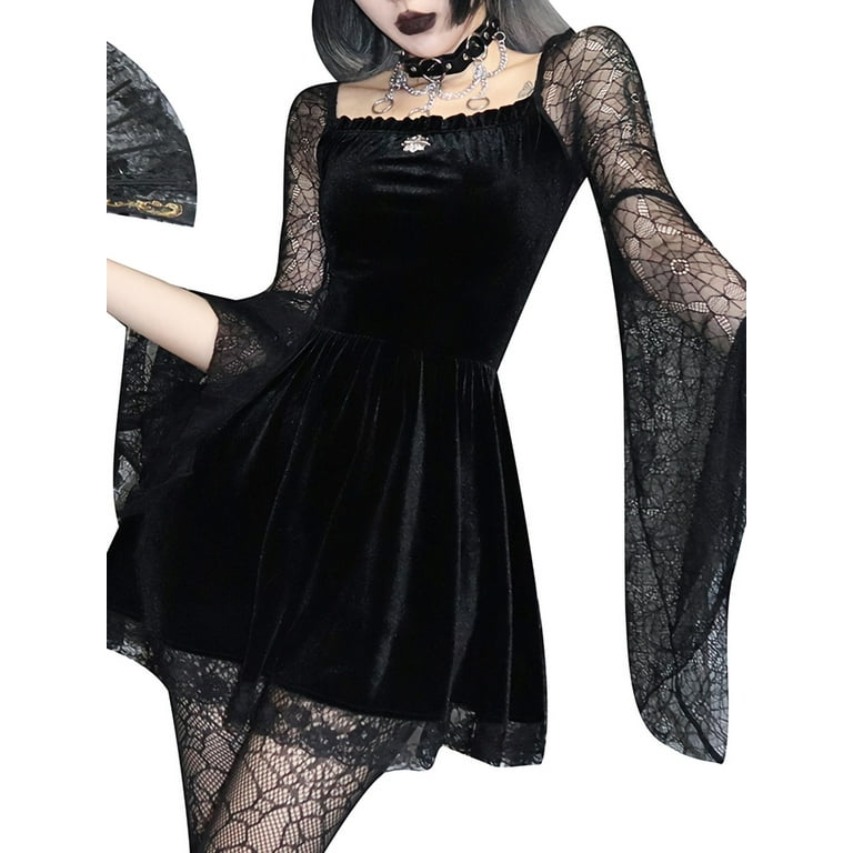 Women's Gothic Dress Punk Lace Patchwork Dress High Waist Long Sleeve  Ruffle Collar A-Line Party Dress Cosplay