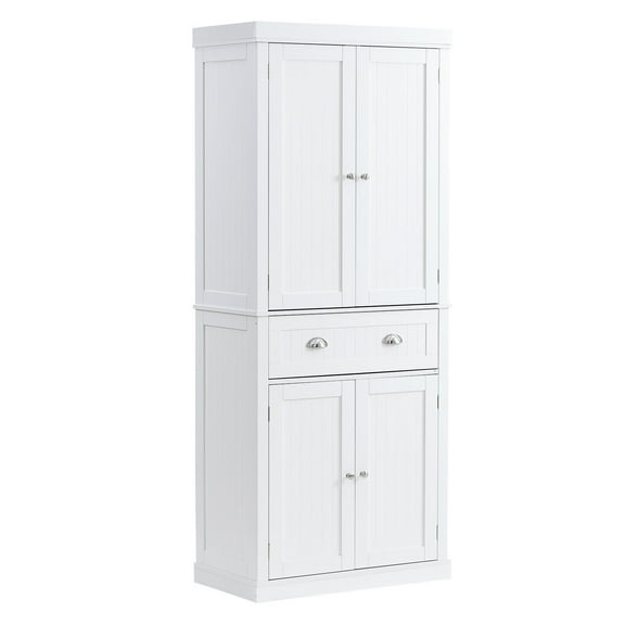 Modern White Pantry Storage Cabinet, 72" Freestanding Tall Cabinet with Adjustable Shelves & Drawer, for Kitchen, Laundry Room