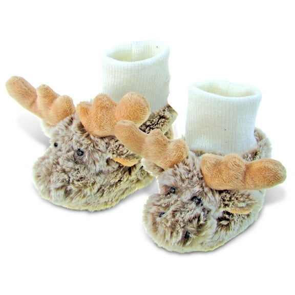 DolliBu Brown Moose Super Soft Plush Baby Shoes - Toddler One Size, Unisex Slippers