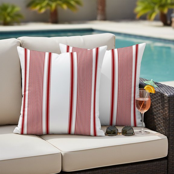 Red Striped Outdoor Waterproof Throw Pillow Covers Set of 2, 26"x26", Minimalist Stripes Farmhouse Modern Natural Decorative Pillow Covers Outside Cushion Case for Patio Porch Garden