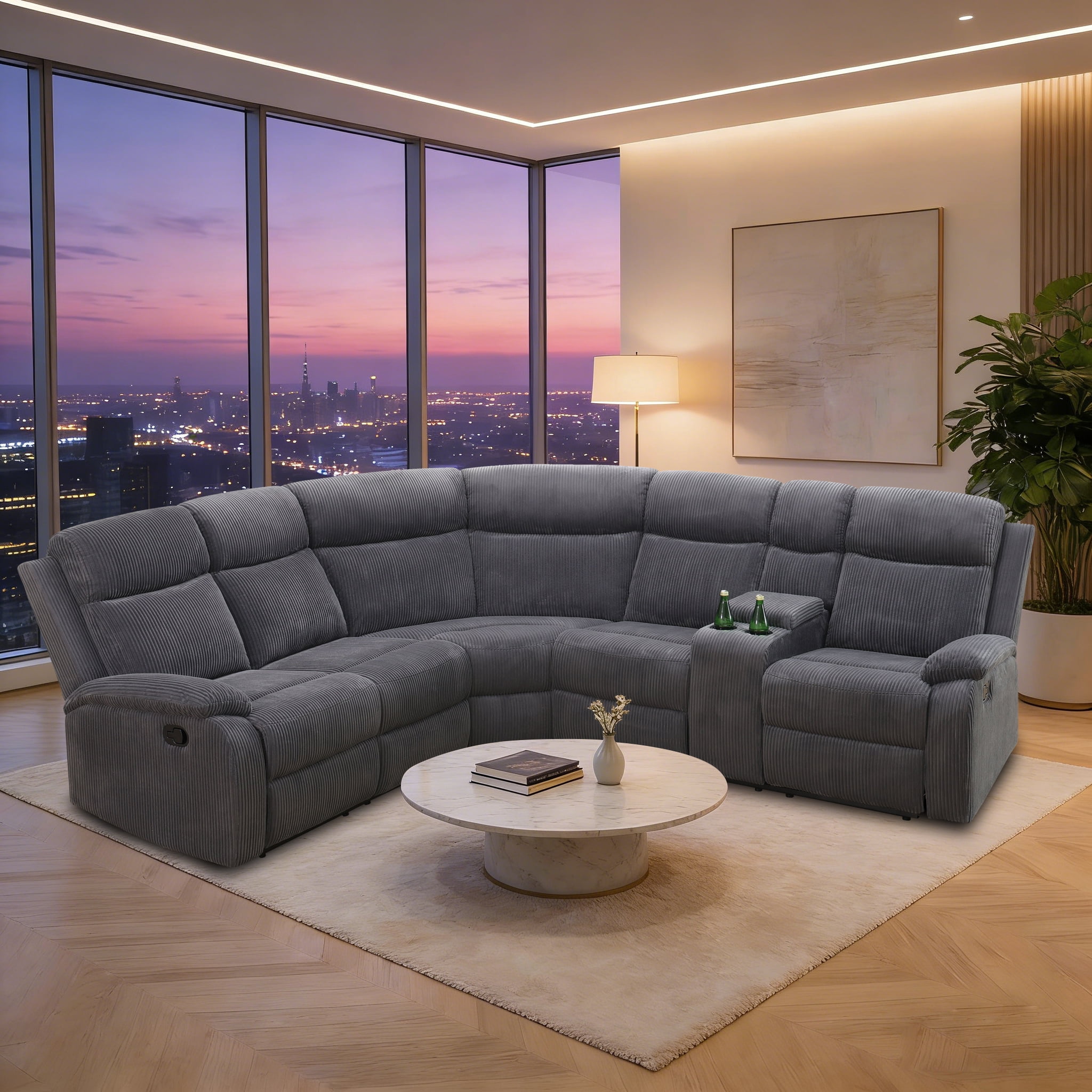 Gewnee Oversize Recliner Sofa Set – Multi-Functional Intelligent Sofa with Adjustable Backrest,Cup Holders,Storage Console,for Living Room,Office.Dark Grey Stripe