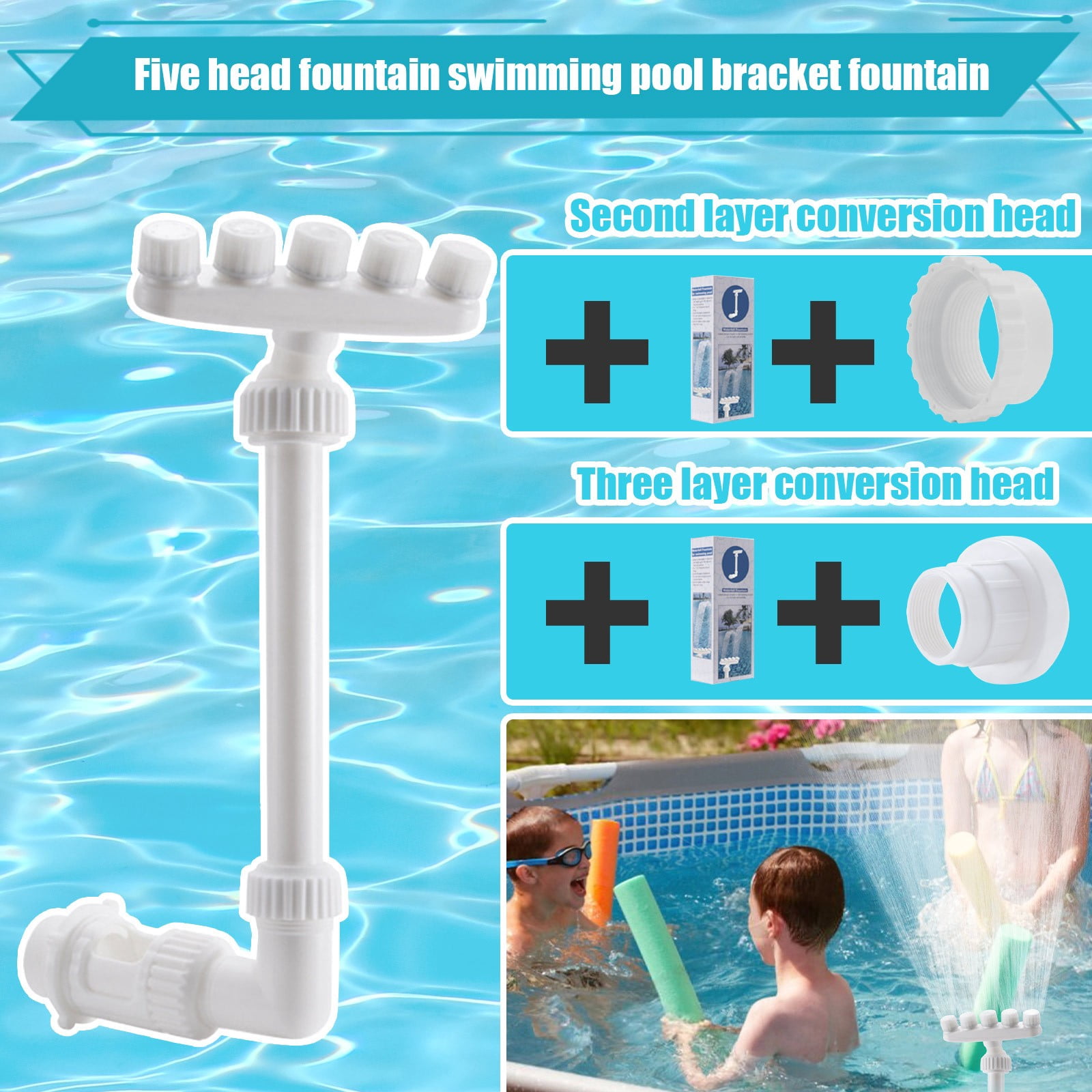 Five Head Swimming Pool Water Fountain Sprinkler, Adjustable Pool Waterfall Spray for Above Ground Pool, Pool Accessories for Fish Pond Garden Backyard Cooling(Double layer adapter)