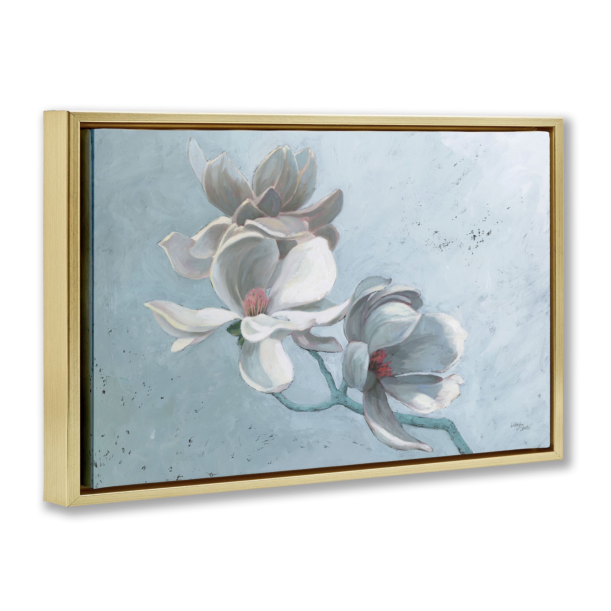 Stupell Industries Magnolia Branch on Blue Botanical & Floral Painting Gold Floater Framed Art Print Wall Art, 25 x 17