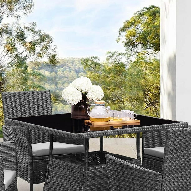 CozyHom 5 Piece Indoor Outdoor Wicker Glass Dining Table Furniture Sets on sale Square Tempered Glass Table Top Patio Furniture Sets for Backyard
