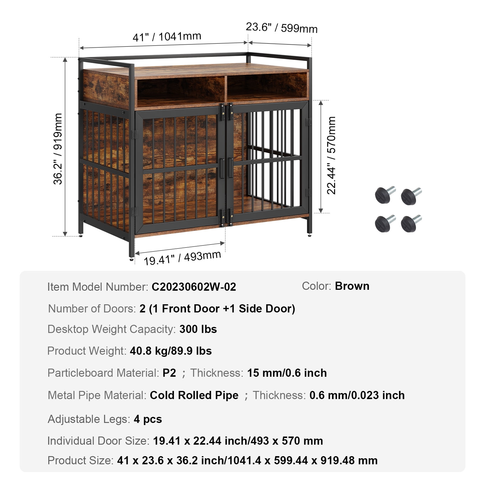 KFFKFF Dog Crate Furniture 41" Wooden Dog Crate with Double Doors & Storage Cubes
