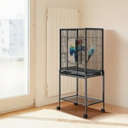 BENTISM 53'' Rolling Metal Birdcage with Rolling Stand and Castor Wheels, Parrot Cage with 2 Perches and 4 Feeders, Cockatiel House Large Wrought Carbon Steel Birdcage for Parakeets, Pigeons, Finches