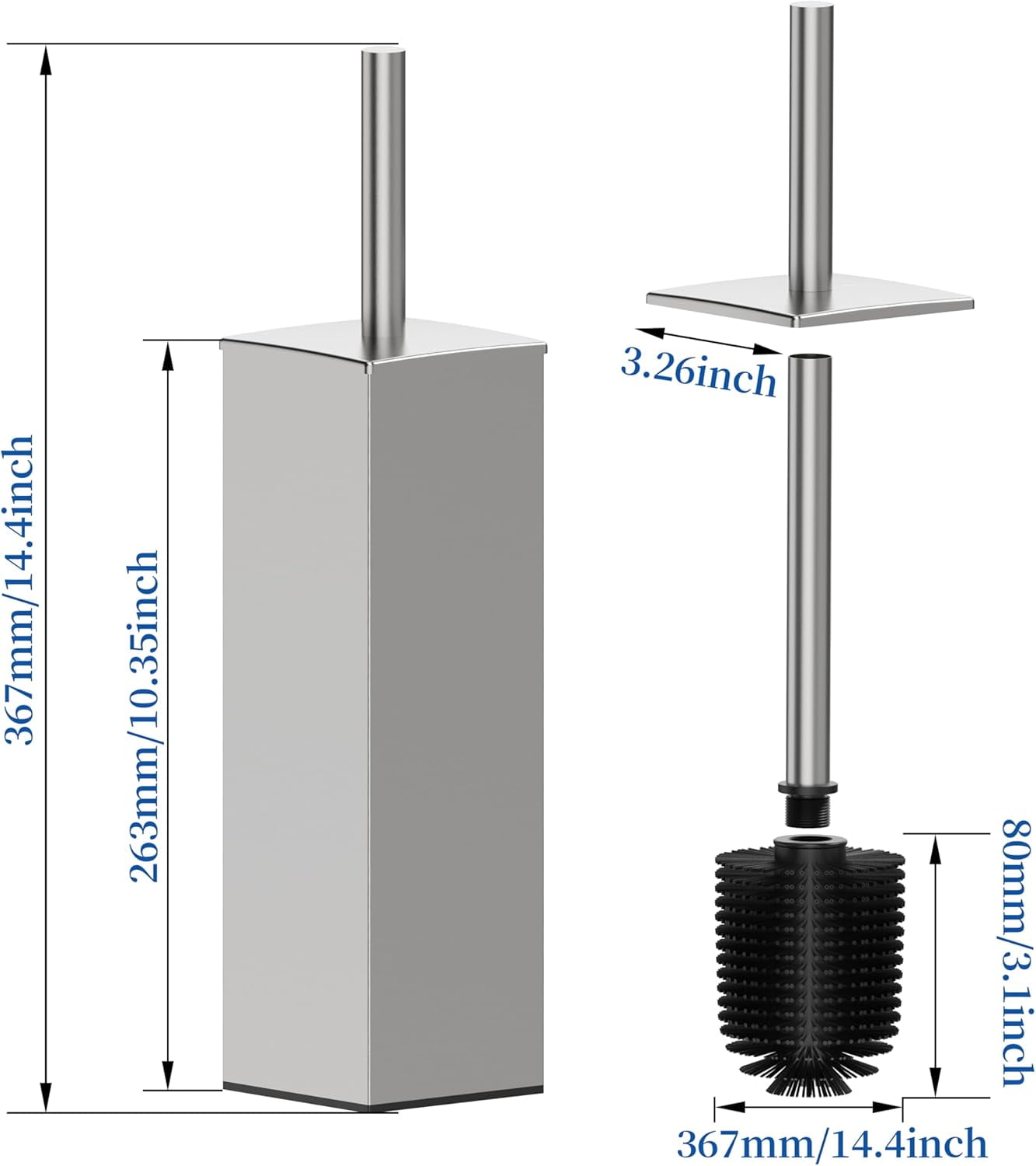 Toilet Brush and Holder Set 2pcs,Square Toilet Bowl Brush for Bathroom with 304 Stainless Steel Handle Toilet Cleaner Brush with Durable Scrubbing Bristles,Splash-Proof (Brushed Nickel)